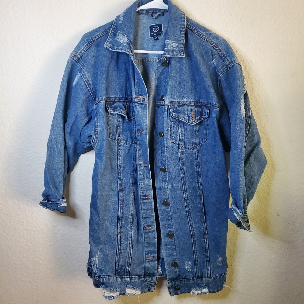Boom Boom Jeans Distressed Medium Wash Jacket Half Sleeve Long Button Front Fall